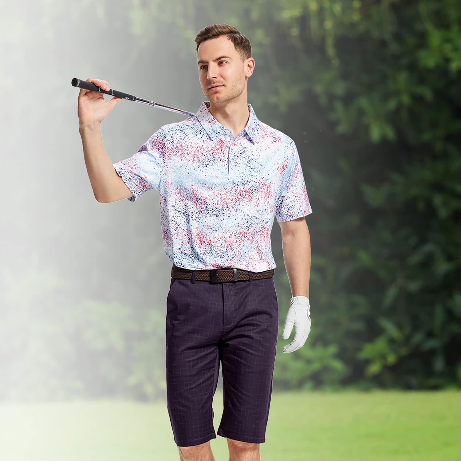 Mens Golf Shirt Moisture Wicking Dry Fit Print Performance Short Sleeve Polo Shirts for Men