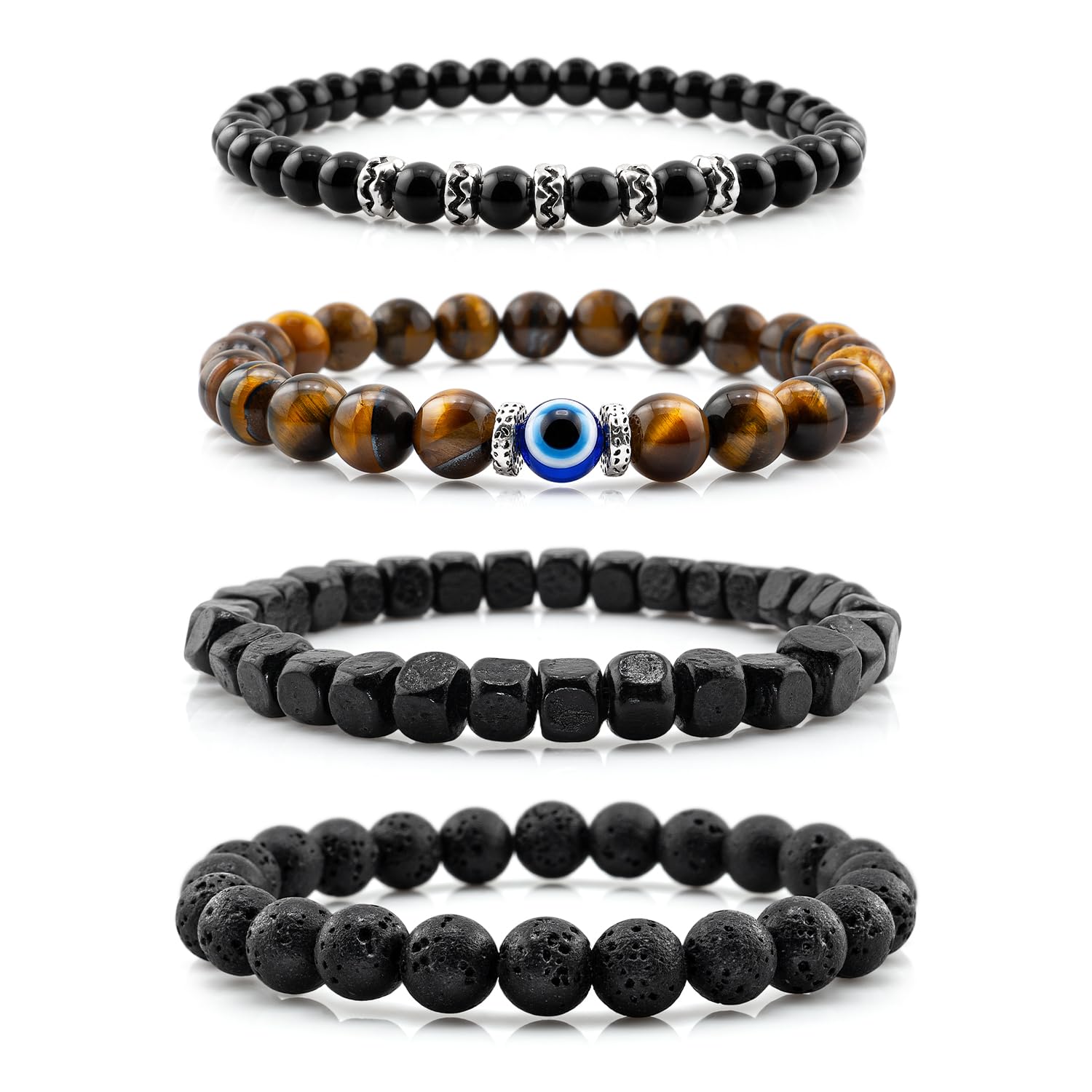 Men's Beaded Bracelet Set, 4 Pack Stackable Natural Stone Bracelets with Black Onyx, Lava Rock, Tiger Eye, Evil Eye Charm, Adjustable Stretch - Image 9