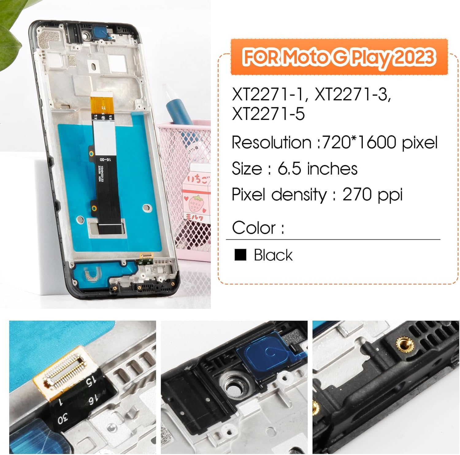 Screen for Motorola Moto G Play 2023 Screen Replacement for Moto G Play 2023 LCD Screen XT2271-1, XT2271-3, XT2271-5 Touch Display Digitizer Assembly Repair Parts(Black with Frame)
