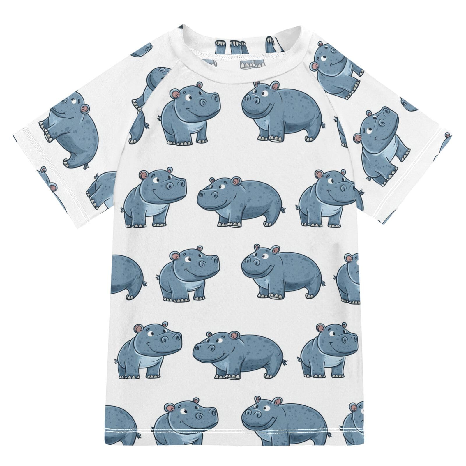 Rash Guard Bathing Suit Girls Short Sleeve Kids Rash Guard Swim 11T Cartoon Cute Hippo White