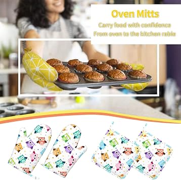 Colorful Cute Owl Oven Mitts and Pot Holders Sets of 4, Heat Resistant Silicone Oven Mittens and Potholders Gloves Hot Pads for Kitchen Cooking Baking Grilling BBQ Chef