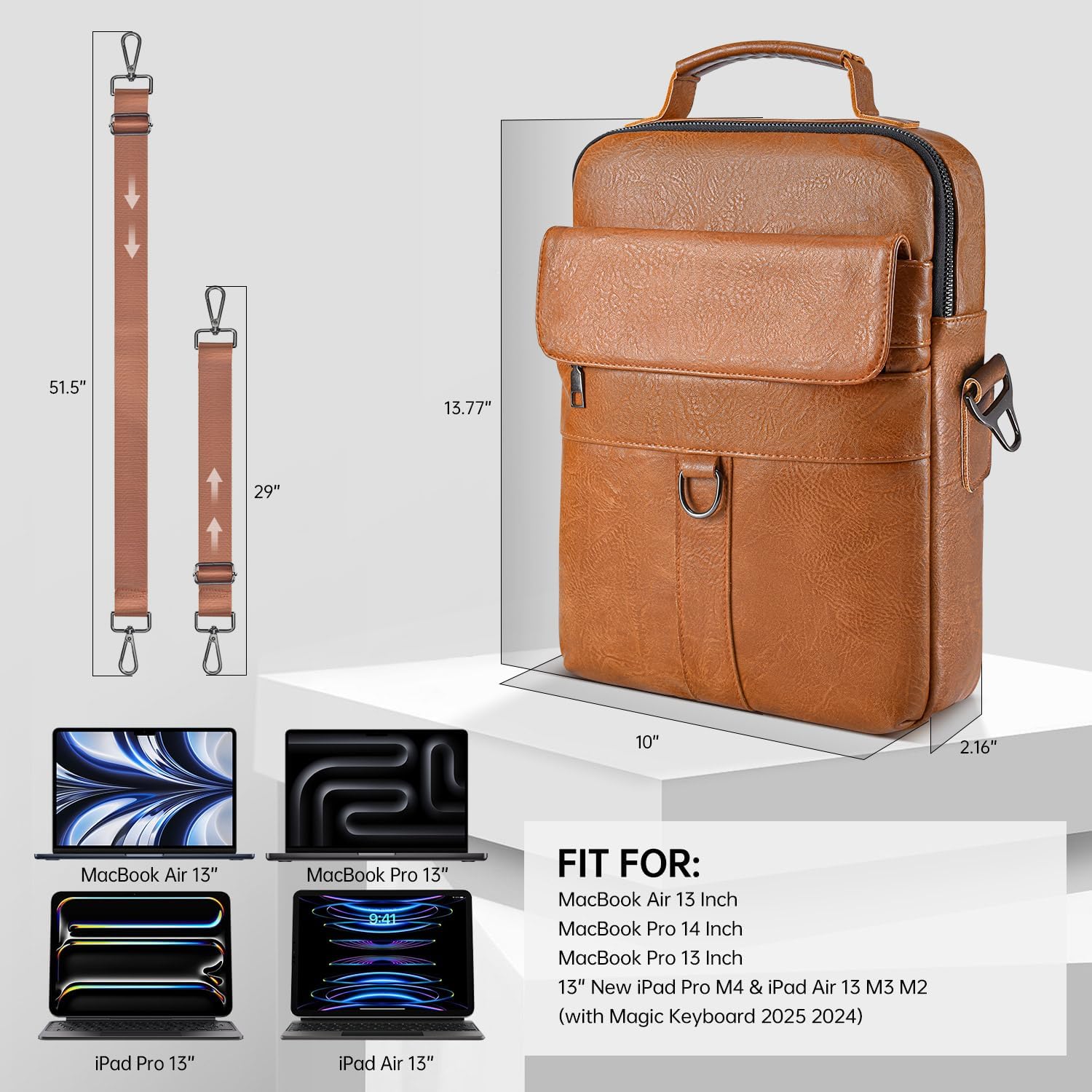 13 Inch Laptop Shoulder Bag Leather Carrying Case for Macbook Air 13 inch M4 M3 M2 A3420 A3113 A2681/ MacBook Pro 14 M5 M4 M3 - Image 3