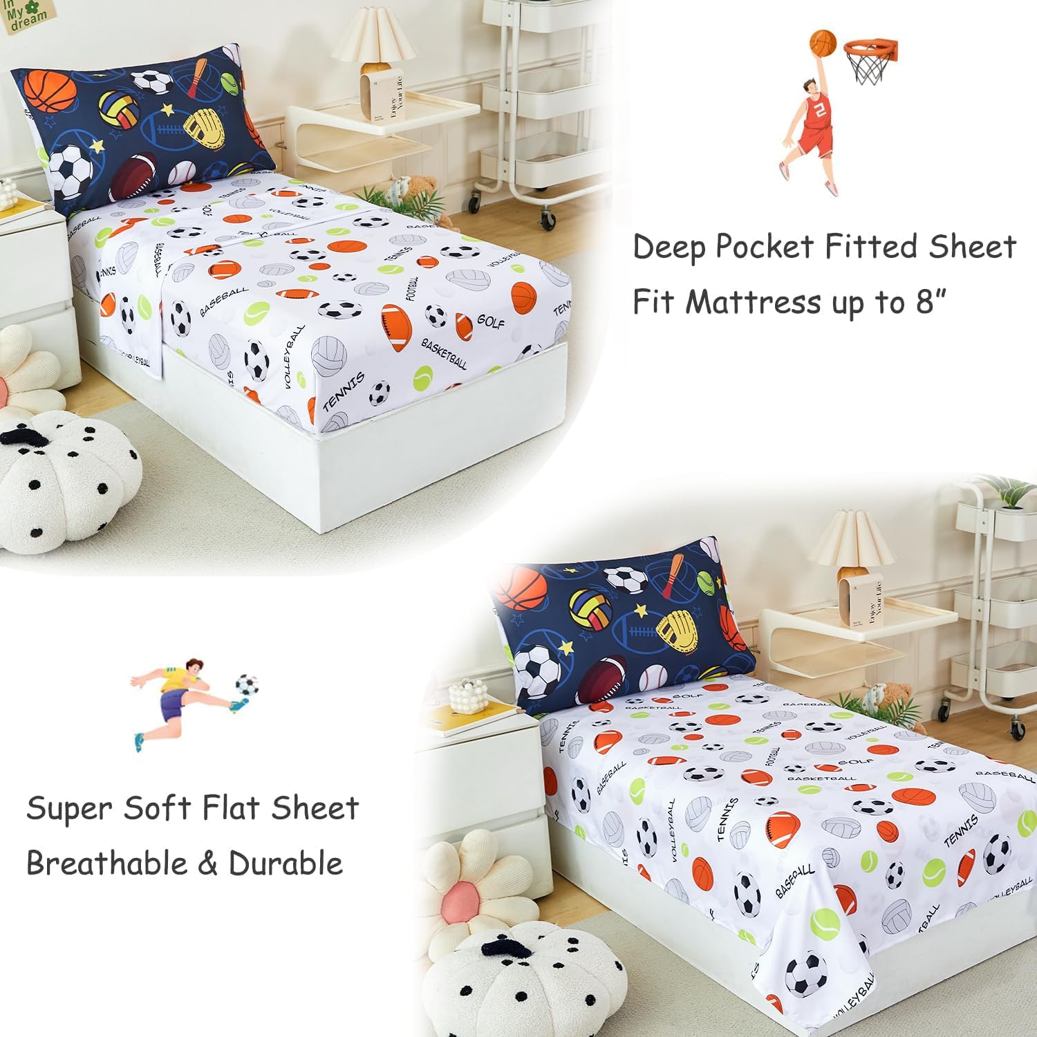 PERFEMET Sports Toddler Bedding Set, 3D Soccer Baseball Football Basketball 4 Pieces Comforter Set with Sheets and Pillowcases, Ultra Soft Navy Blue Bed in A Bag Toddler Bed Set for Kids Boys Girls