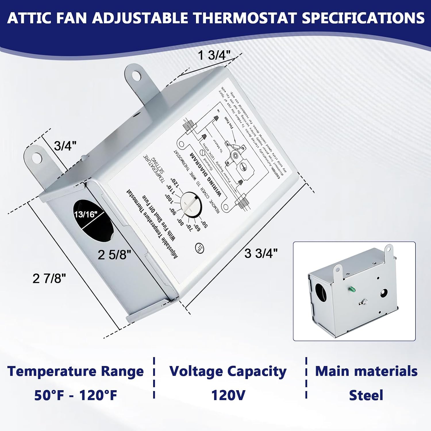 Hiorucet 58034 Attic Fan Adjustable Thermostat, Attic Fan Thermostat Control with Fire Shut Off Fuse, Adjustable Temperature Finger Dial Switch, Replacement Temperature Control Switch for Attic Fan
