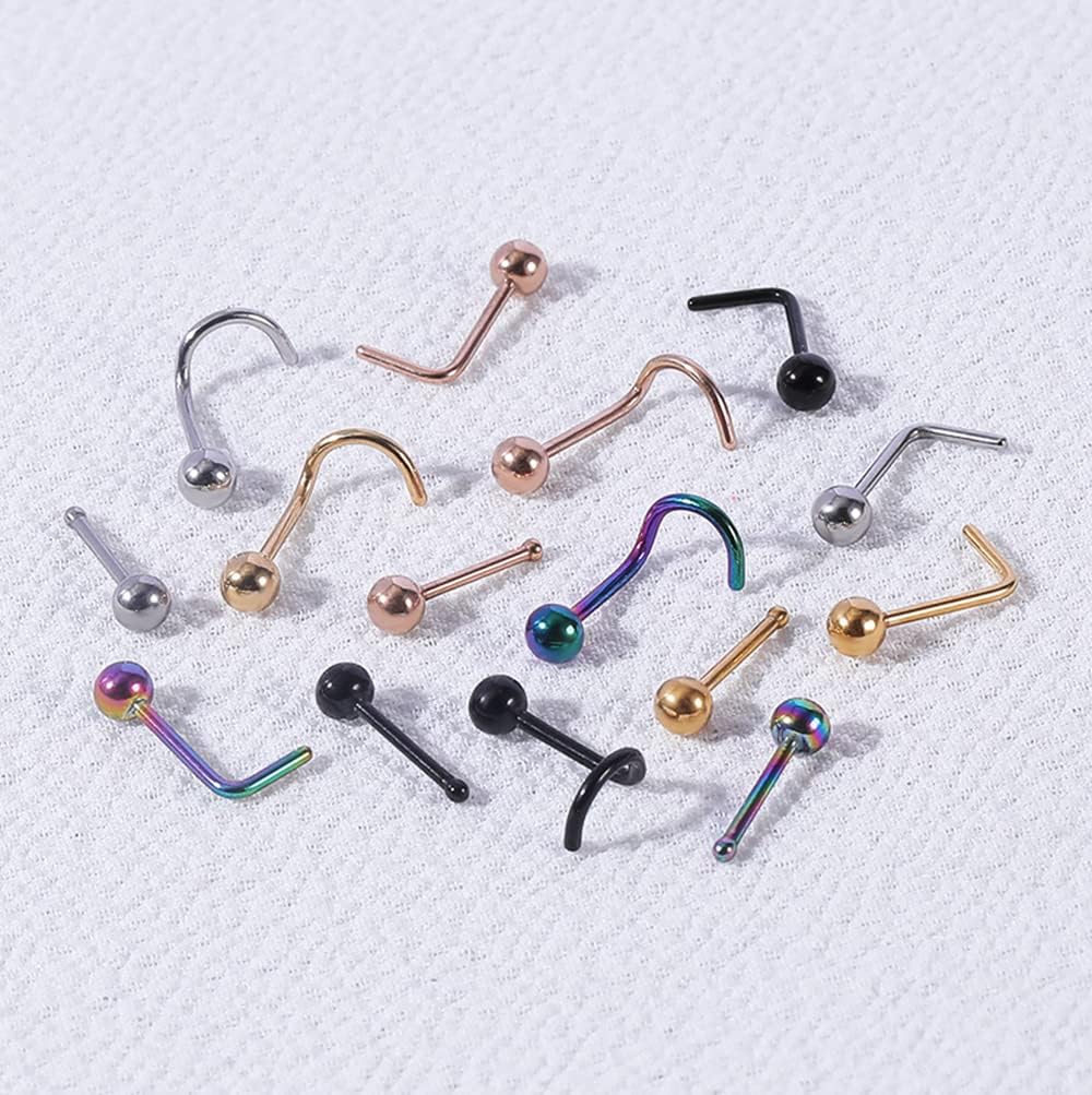 6pcs 20g Nose Studs 3mm Ball Flat Surgical Steel Nose Ring for Women Men Black Rose Gold Nose Stud L Shaped Corkscrew Nose Ring Studs Cute Nostril Nose Piercing Jewelry - Image 6