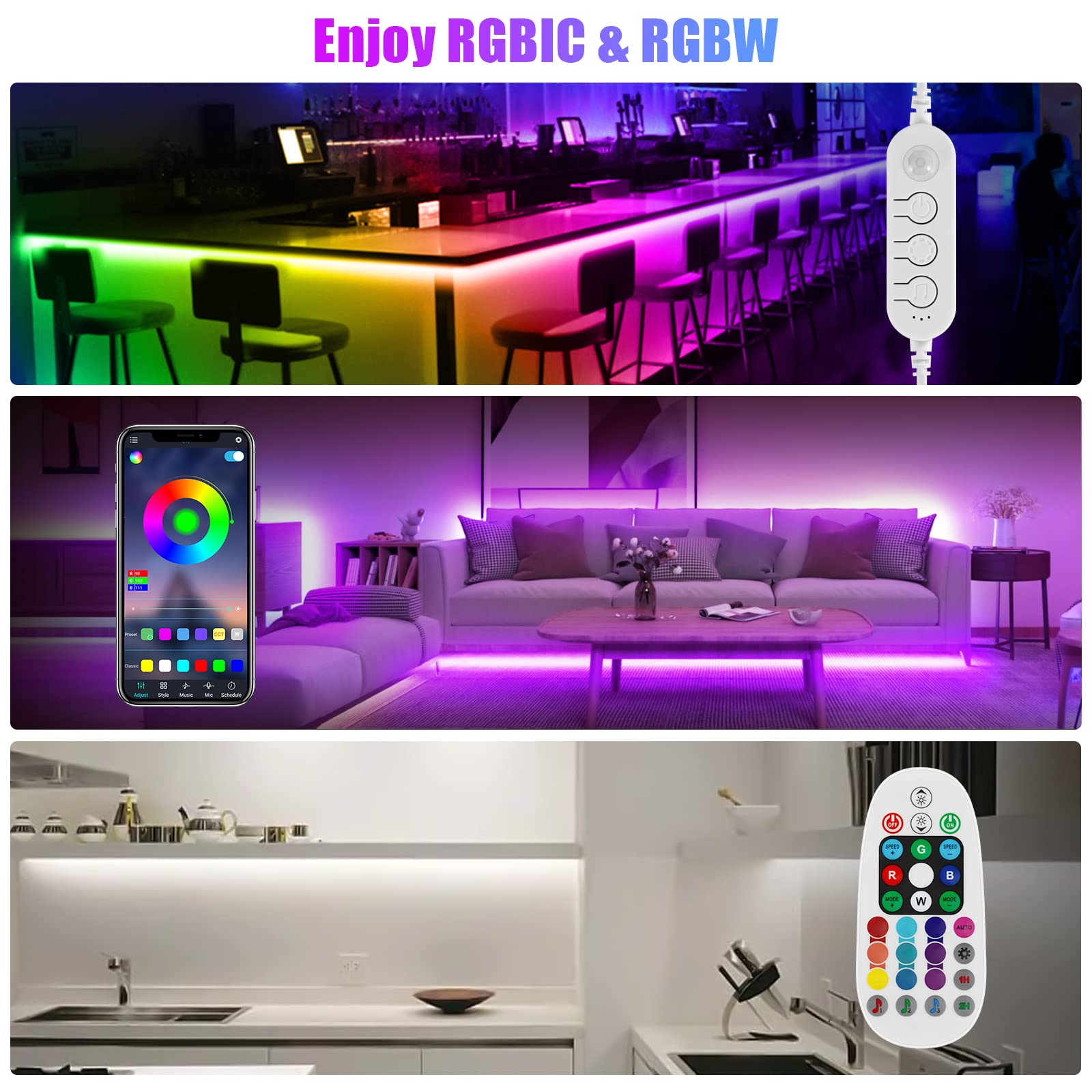 Dreamcolor Striscia LED 2 metri, RGBW Striscia LED Sensore Movimento , Striscia LED con Telecomando e APP Controllo, USB LED Striscia per Letto Mobiletto Scala Armadio