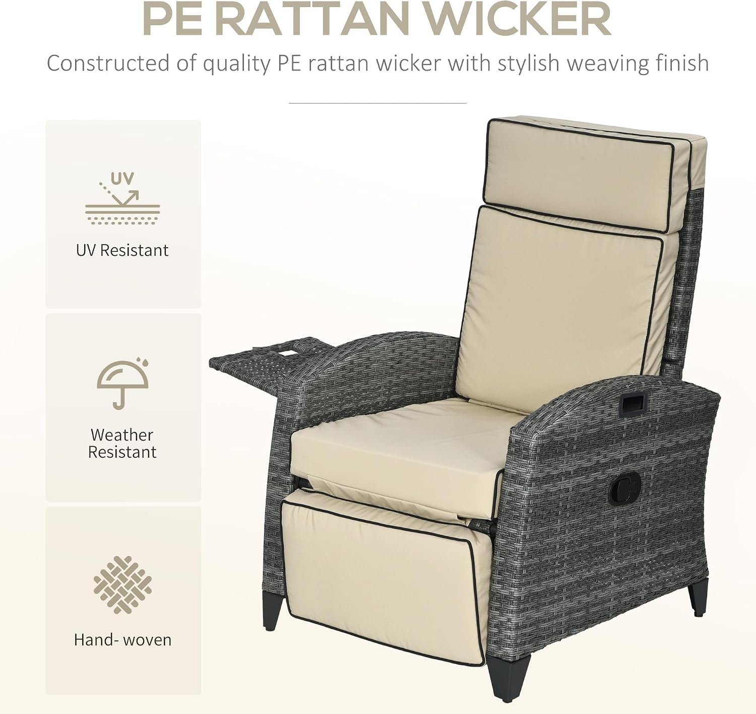 Outsunny Outdoor Recliner Chair with Cushions, PE Wicker Reclining Patio Lounge Chair with Adjustable Footrest, Armrests, Side Tray Table for Balcony, Porch, Khaki