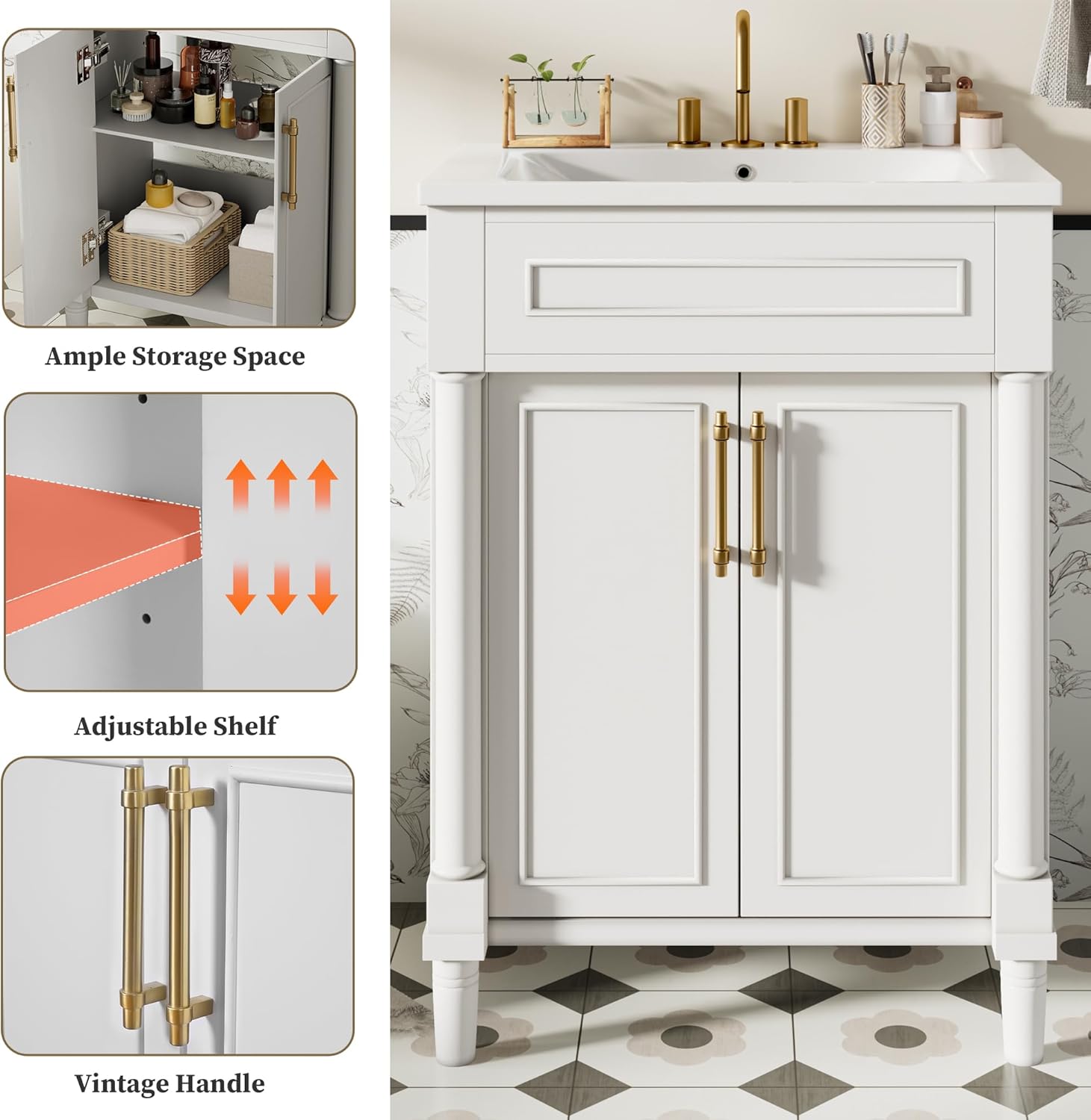24 Inch Bathroom Vanity with Ceramic Sink, 2-Door Storage Cabinet, Space Saving Design for Small Bathroom, Modern Half-Moon Basin, Adjustable Shelf, Easy Assembly for Powder Room Restroom