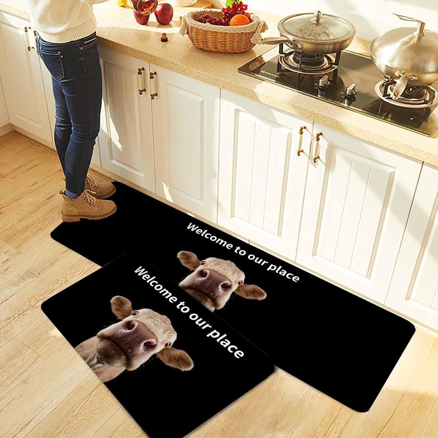 Funny Cow Kitchen Rugs and Mats Set of 2, Non-Slip Kitchen Sink Mat, Welcome to Our Place Modern Retro Washable Doormat Bathroom Rugs Runner for Bedroom/Living Room 19.7"x31.5"+19.7"x63"