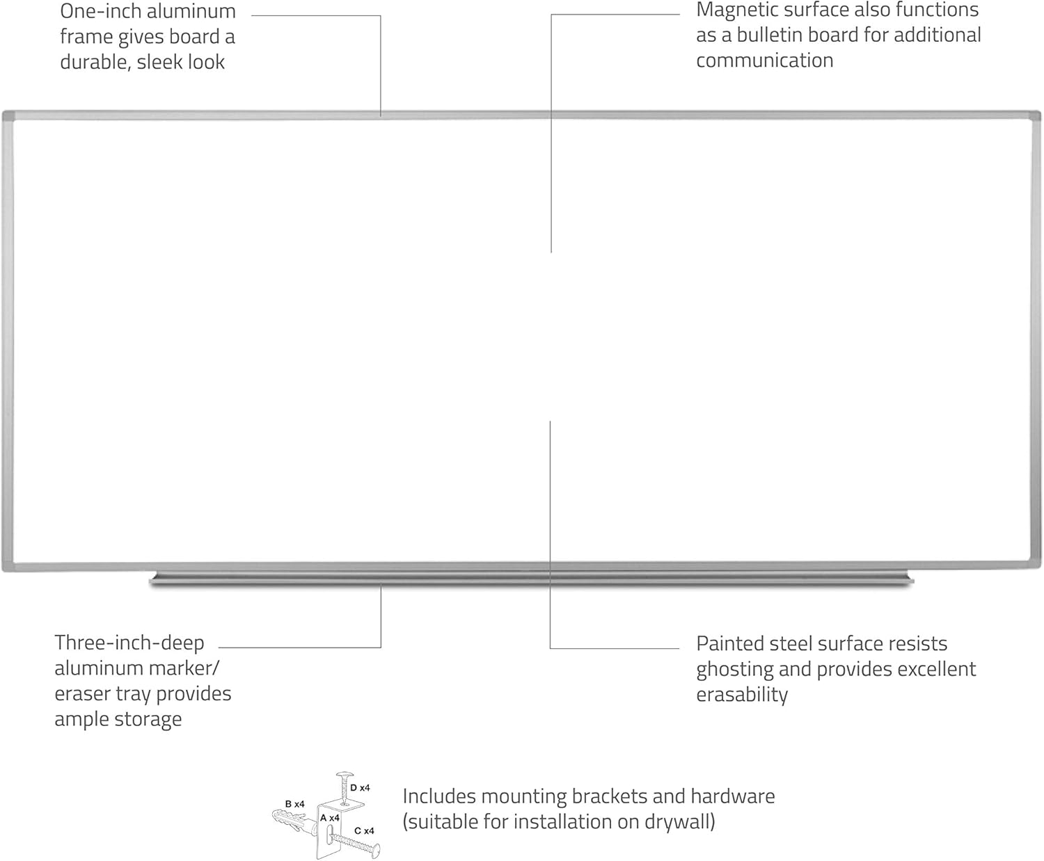 96" W x 40" H Wall-Mounted Magnetic Dry Erase Whiteboard with Aluminum Frame and 2.5" Marker Tray - Perfect for School, Classroom, Conference and Presentation