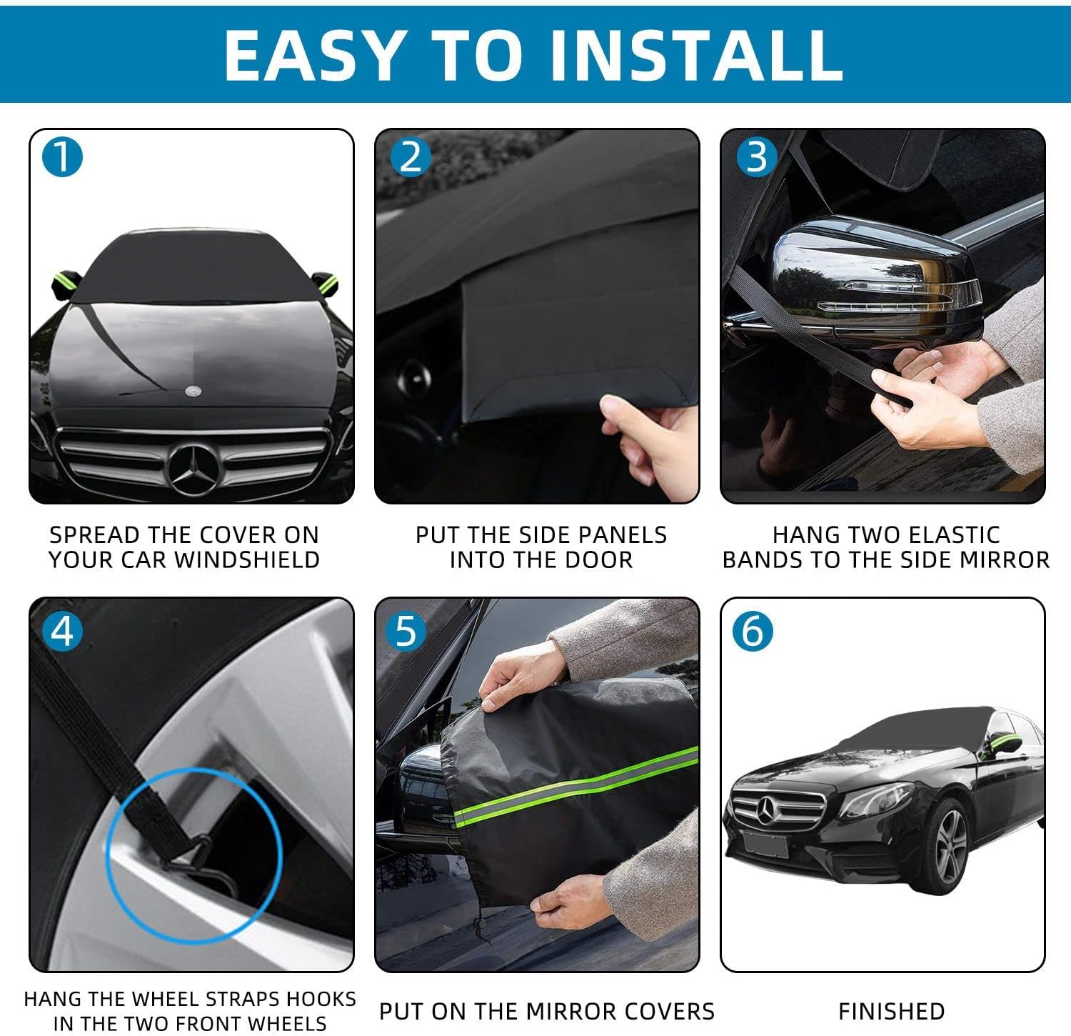 ASZ Car Windshield Cover for Ice and Snow, Car Windshield Snow Cover with Side Mirror Covers & Magnet Embedded, Thickened Car Snow Cover - Fits Most Cars Trucks Vans SUVs (78.7” x 47.2”)