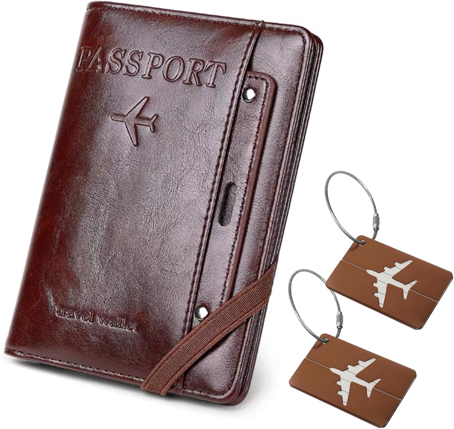 Leather Passport Cover with RFID Blocker and Alloys Suitcase Tag Set, Passport Cover, Passport Cover, ID Folder, Travel Accessories, Holiday Must Haves, for Travel Essentials, brown, 14cm