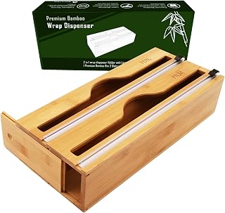 Bamboo Plastic Wrap Dispenser With Cutter 2 In 1, 12 inch Cling Wrap Dispenser With Slide Cutter Wall Mount, Aluminum Foil Holder, Wax Paper Organizer For Drawer, Fits Rolls 12''.