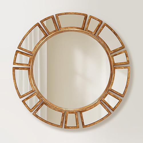 Espejo de pared redondo de 30 pulgadas con marco de metal dorado, espejo decorativo Art Deco Glam Sunburst para sala de estar, entrada, tocador,