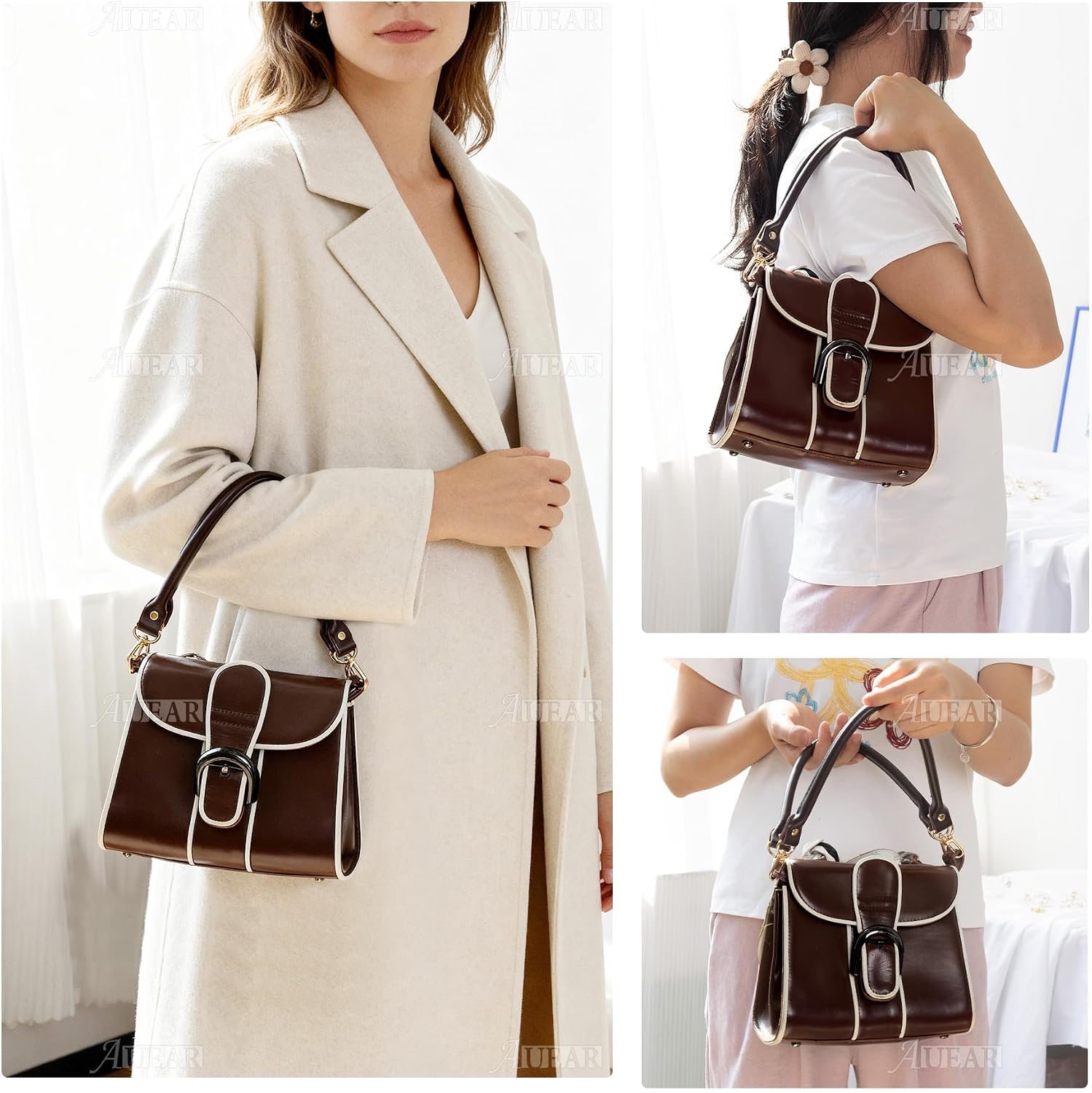 AUEAR, 2 Pack Purse Straps Replacement Leather Handbag Handles Dark Brown with Gold Metal Lobster Buckles