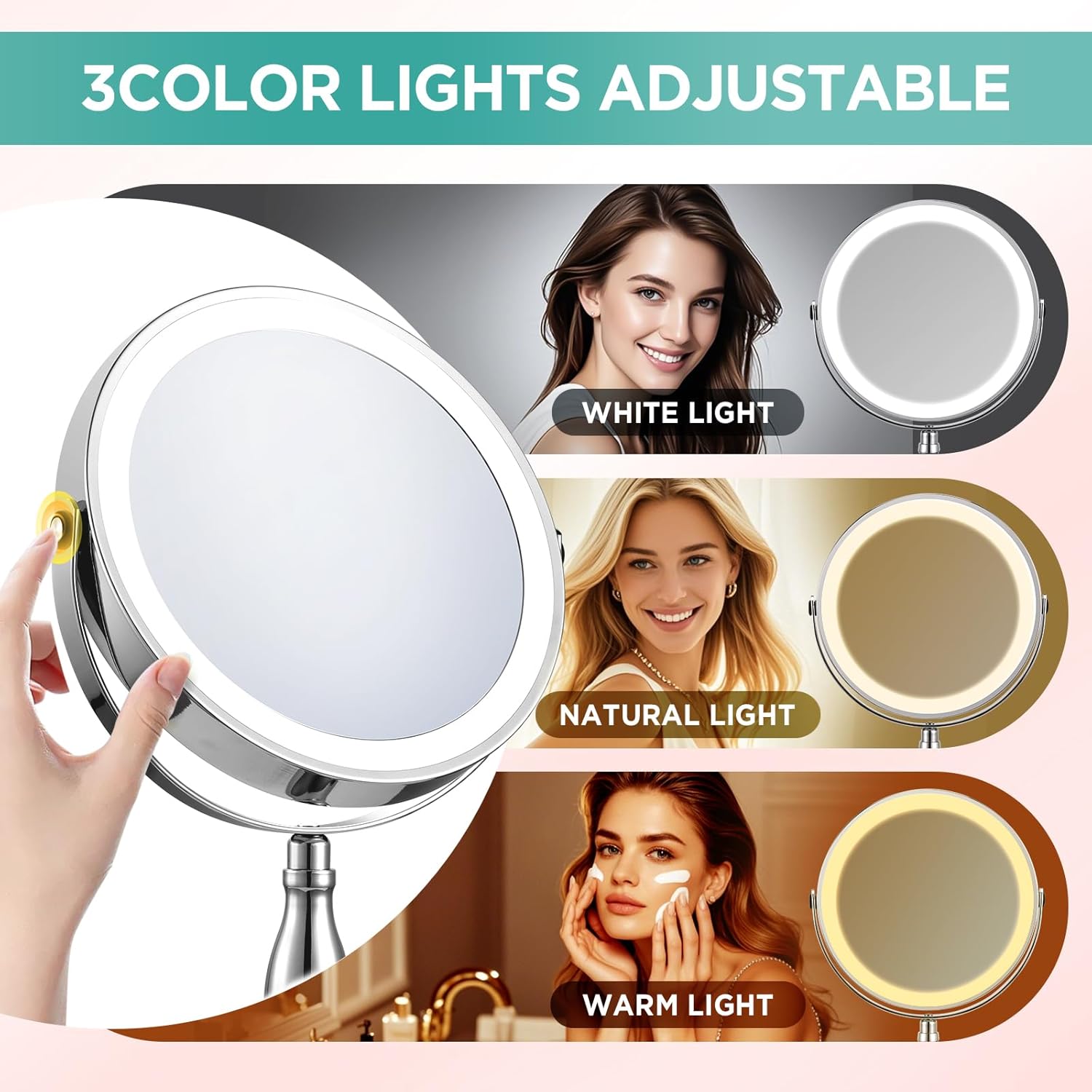Makeup Mirror with Lights, 20X Magnifying Mirror with Light and Side Charging & Side Touch Switch, Vanity Mirror with 3 Color Light and 2-Side 360° Rotation Double Sided Standing Desk Mirror