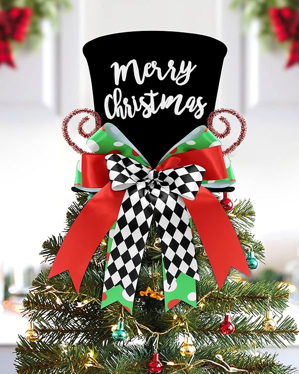 Merry Christmas Tree Topper Whimsical Top Hat with Check Bows Xmas Tree Ornament Winter Holidays Home Decoration Wreath Attachment Festive Gift Ideas Supplies by CiyvoLyeen - Used condition - US$14.75