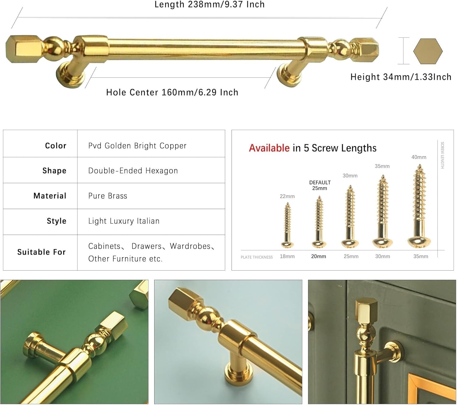 Cabinet Pulls,6 Pcs Bright Color Brass Cabinet Handles 128mm Hole Centers Light Luxury Drawer Pulls,with Screws for Kitchen,Dresser,Bathroom,Furniture Door(Size:Hole Spacing 160mm)