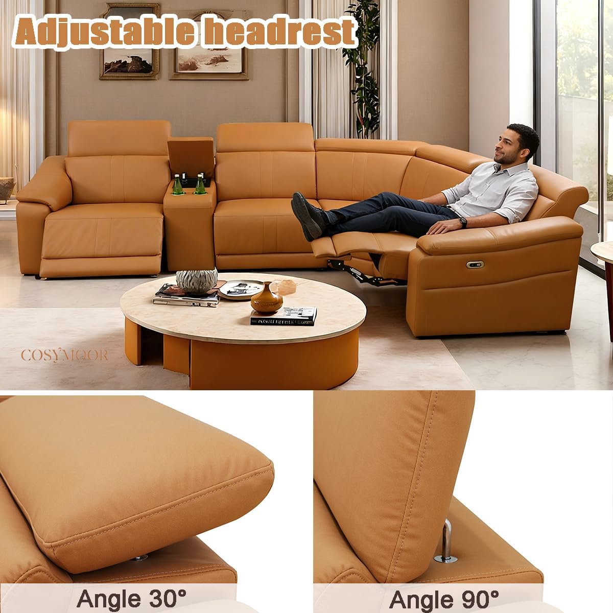 Power Recliner Sectional Sofa with Adjustable Headrest, Power Leather Corner Sectional Couch with 2 Recliners, 4-Seater L Shaped Couch with Storage Console/Cup Holder/30'' Wide Seat for House