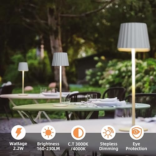Miniatura 4 de HFVLITE Lámpara de mesa para exteriores, lámpara de escritorio LED inalámbrica recargable en aluminio, encendido/apagado, atenuación continua de 2