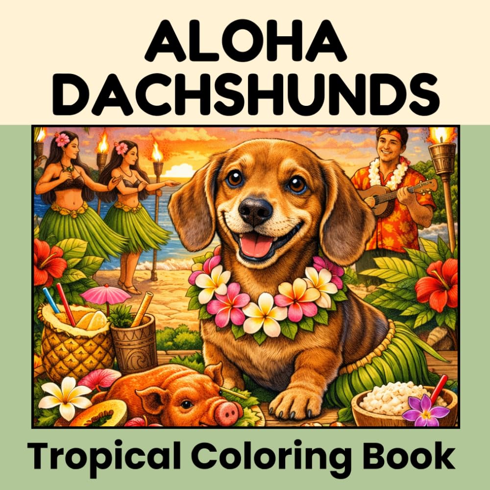 Aloha Dachshunds, a Tropical coloring book: Relaxing Hawaiian coloring pages with dachshunds, tropical flowers, ocean scenes and island fun! (Travelling Dachshund Adventures Coloring Books)