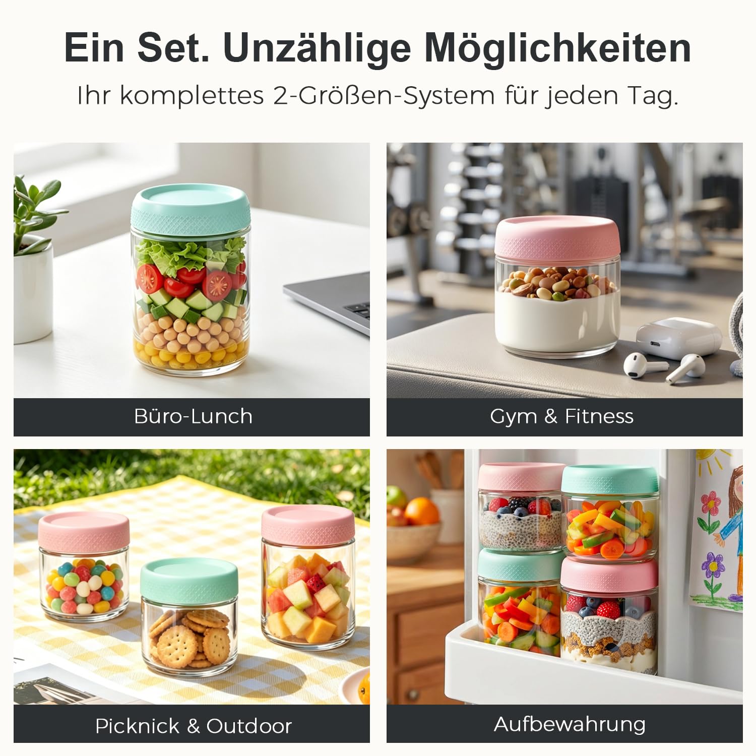 ComSaf Set da 4 Coppette Yogurt e Cereali in Vetro con Coperchio Plastica 500ml/300ml, perfette per ufficio, scuola, picnic e preparazione pasti, adulti e bambini, ideale per colazione pratica e sana