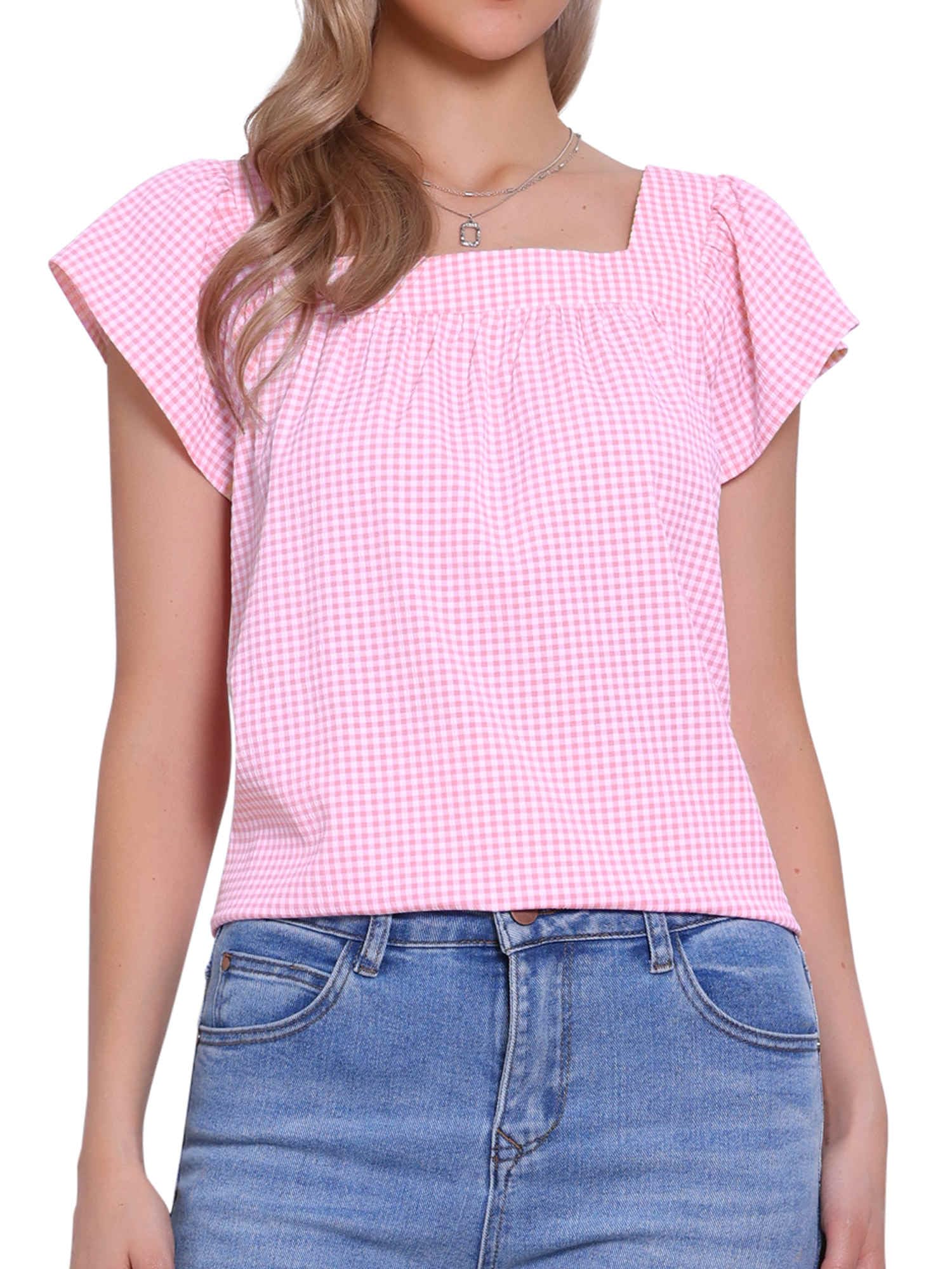 Allegra K Damen Sommer Kariert Hemd mit Karo Quadratischem Ausschnitt Ärmellose Blusen Oberteil