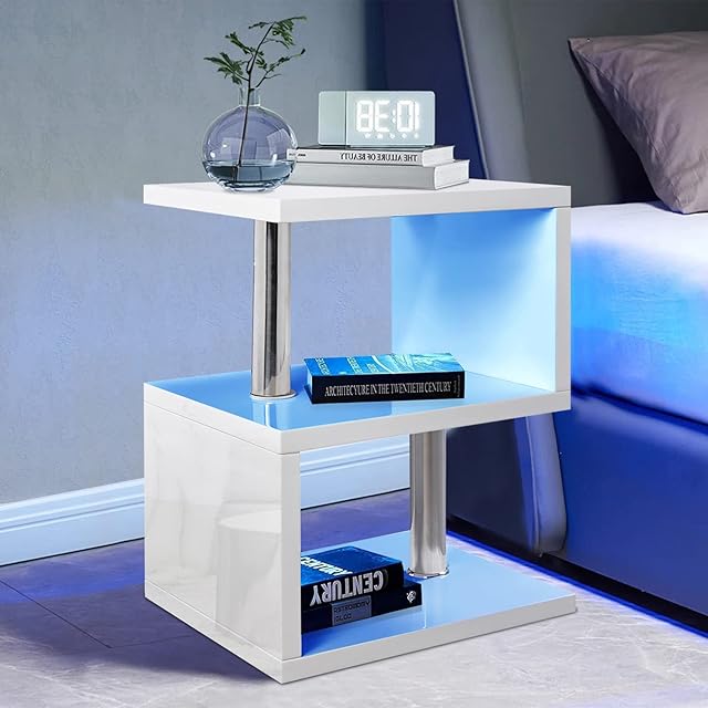White High Gloss Coffee Table Side Table Coffee End Table With LED RGB Lights Coffee Table For Living Room, 2 Tier Storage Shelves S Shape Rectangle Table With Home Office Furniture 44L x 38W x 57H cm