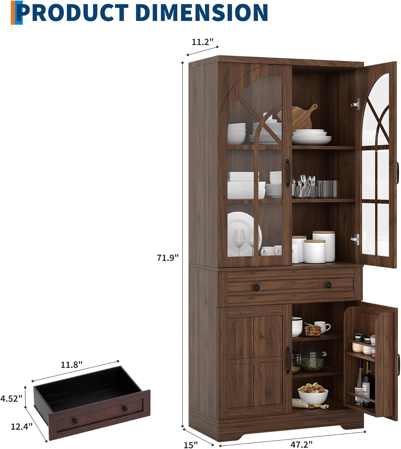 Garvee Farmhouse Pantry Cabinet, 71.9" Tall Freestanding Kitchen Cabinet with Tempered Glass Doors& Anti-Tip Design for Kitchen, Dining Room & Living Room,Retro Brown