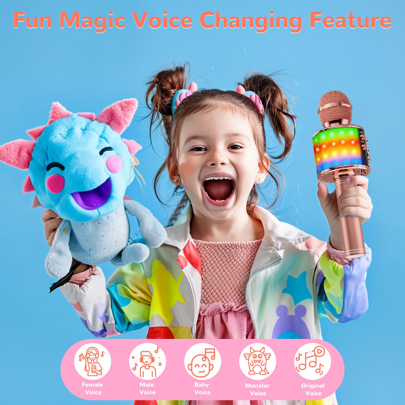 Ankuka Microfono Karaoke Bluetooth Wireless Microfono Bambini Regalo per Bambini 3-12 Anni Microfono Giocattolo Cambia Voce, Compatibile con Android, iOS, PC Oro Rosa-Nero