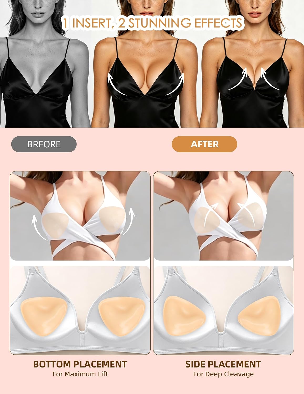 Double Sided Sticky Bra Inserts with Nipple Covers, Reusable Push Up Adhesive Bra Pads for Strapless Backless Dress