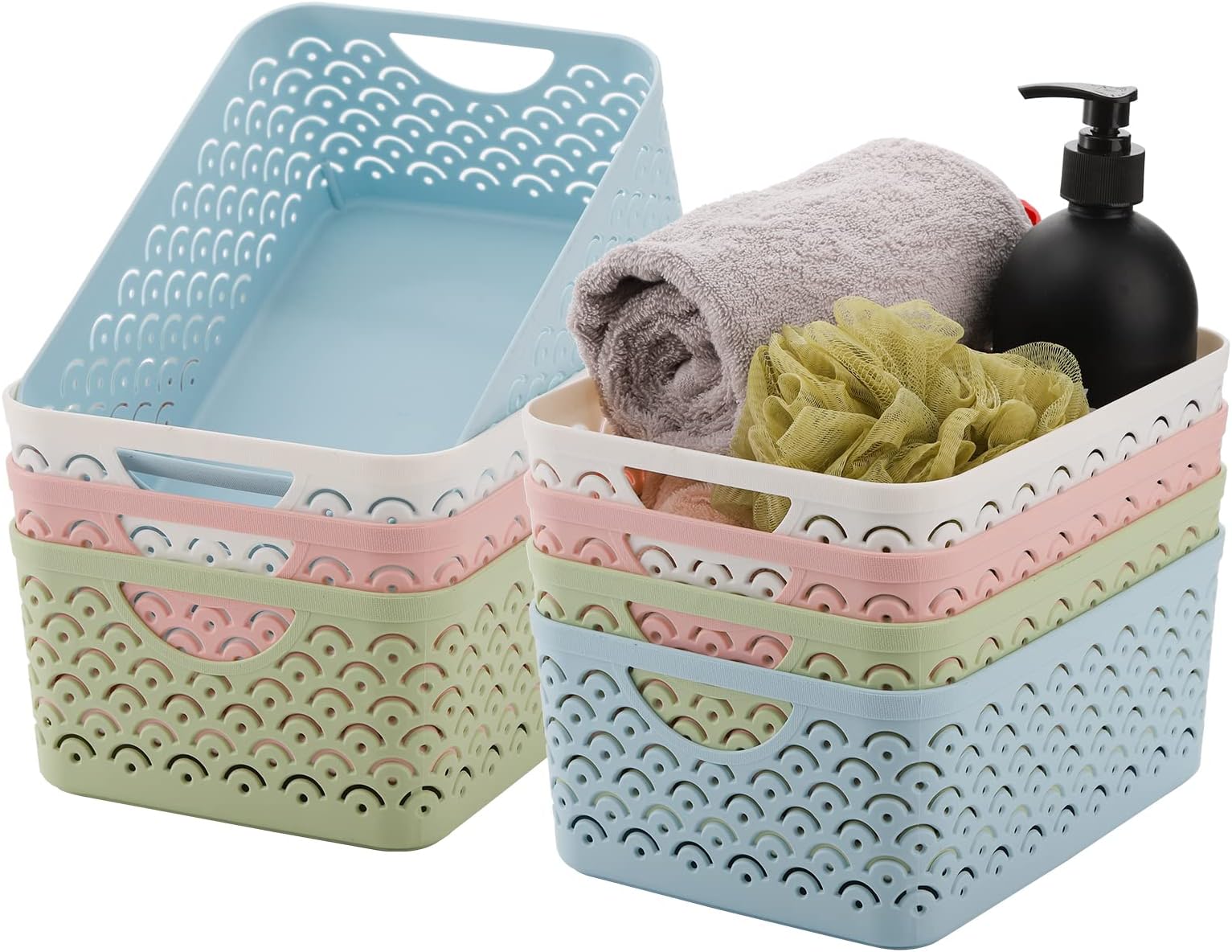 Okllen 8 Pack Plastic Storage Baskets with Handle, Portable Office Desktop Storage Bin Stackable Cabinet Organizer Shelf Basket for Kitchen, Classroom, 9.5" x 7" x 4", Scale Pattern, 4 Colors