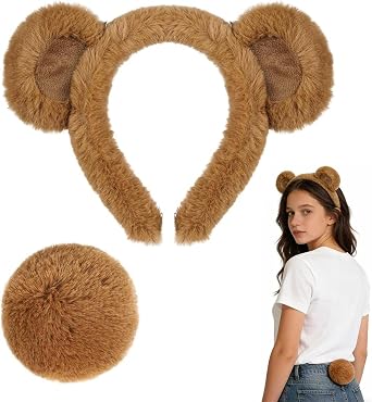 Jmkcoz Bear Ears Headband and Tail Set, Brown Chipmunk Ears Bear Costume Set Fancy Animal Costume for Halloween Carnival Party Headwear
