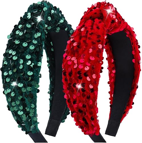 Sparkly Headbands Knotted for Women Girls Hair Accessories Sequin Wide Headband Velvet HairBands Red Green Head Bands Glitter Girl Gifts 2Pcs
