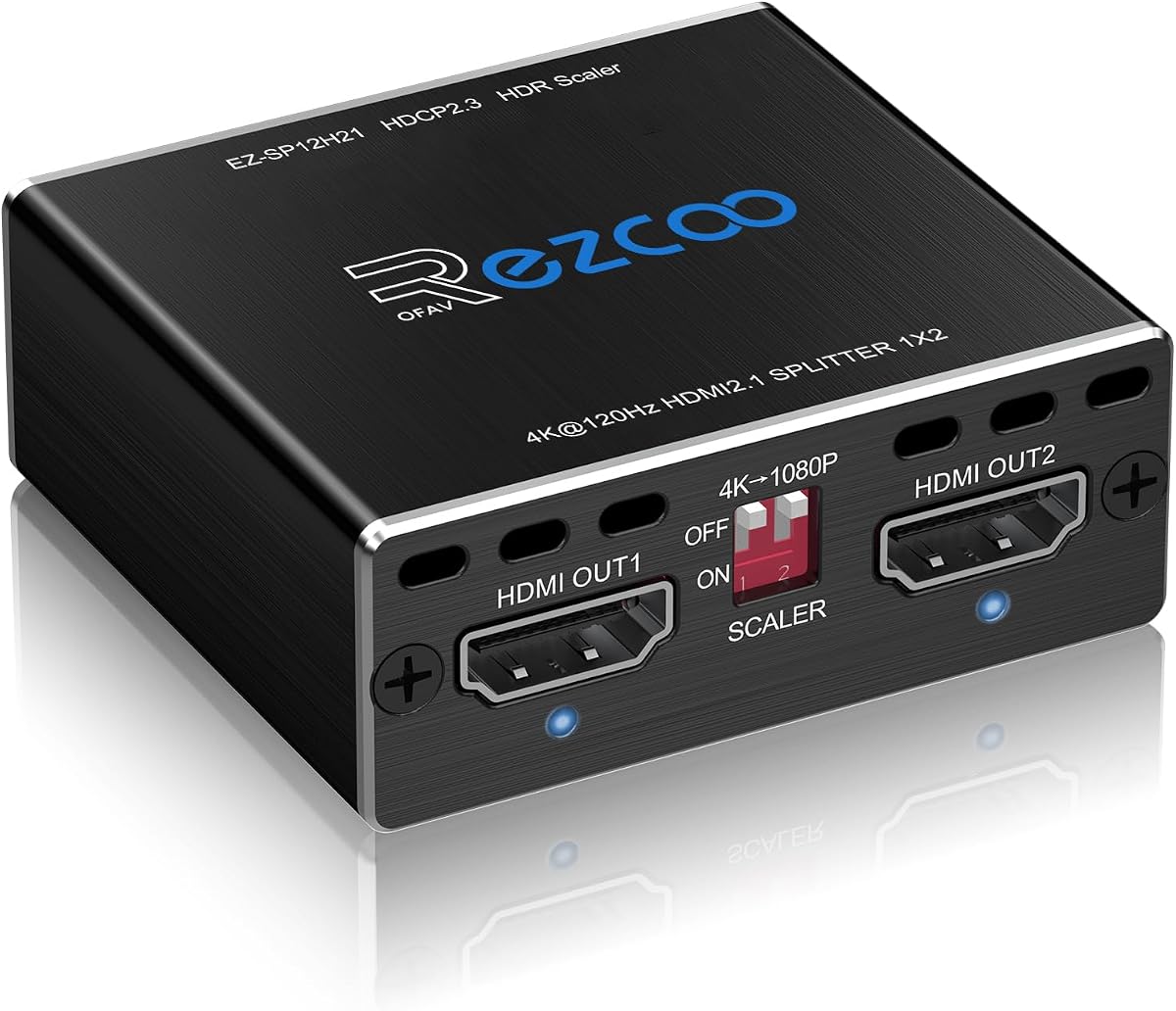 HDMI 2.1 Splitter 4K 120Hz 8K 60Hz 1 in2 Out VRR ALLM HDCP2.3 HDR10 8KUHD Dolby Vision Atmos Scaler 4K EDID 1080P Dual Monitors HDMI 2.1 Splitter 1X2 for PS5 SkyQ Xbox NVIDIA AMD