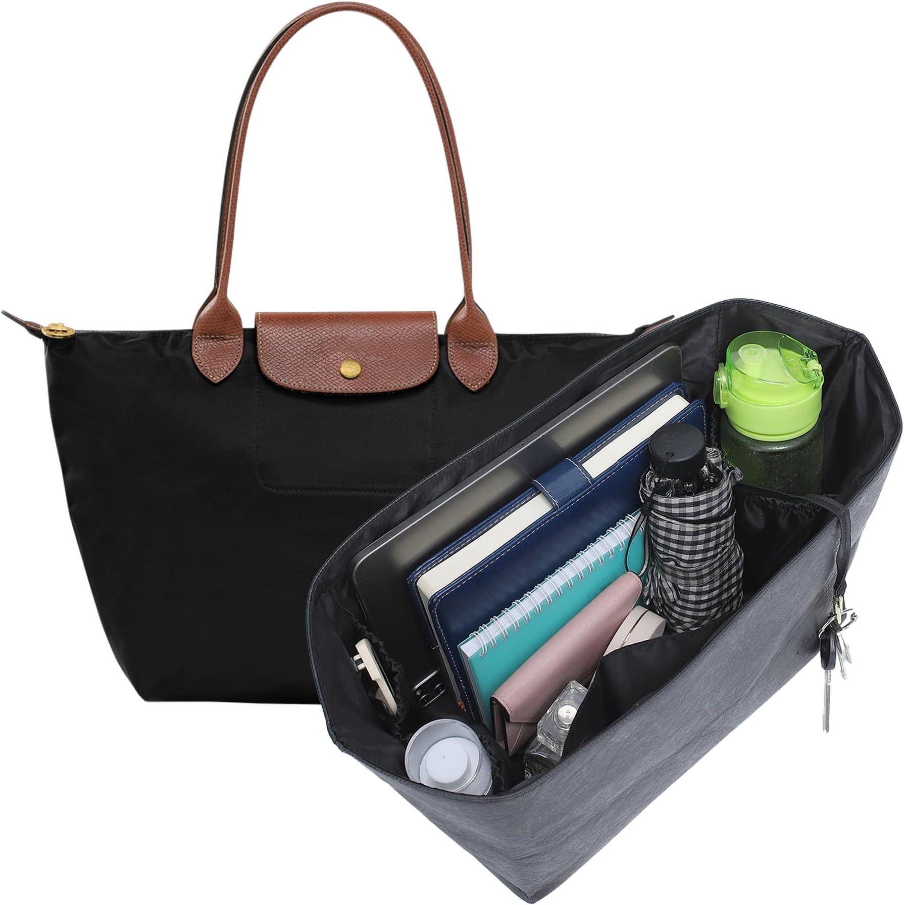 Doxo Purse Organizer Insert for Longchamp Le Pliage Large, 6-Compartment Bag Organizer with YKK Zipper Pocket, Cup Holder, Key Chain, Waterproof DupontPaper Lightweight Handbag Shaper (Black,L)