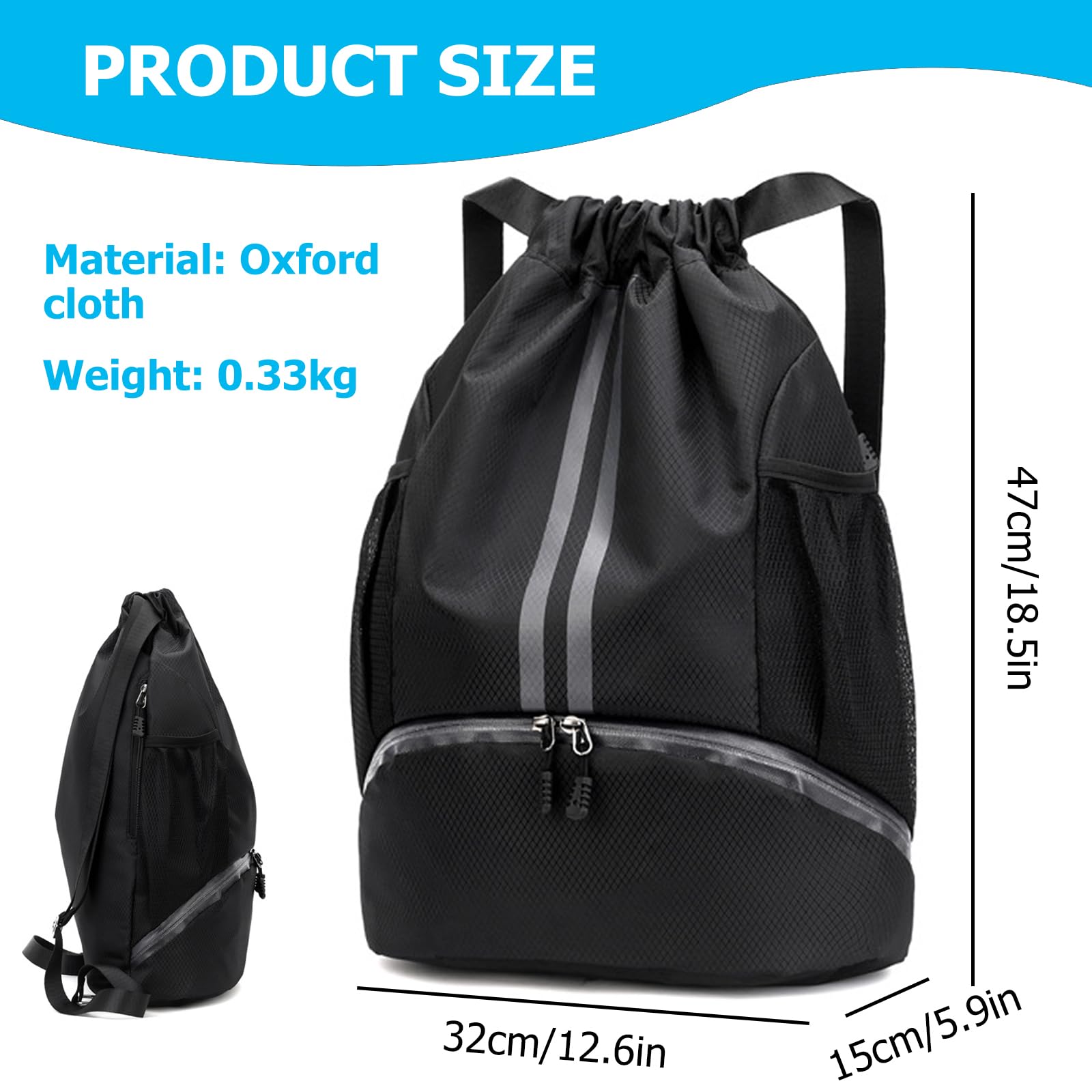 JAWAI Mochila Impermeable con Cordón, Ajustable Casual Saco Gimnasia, Impermeable Saco de Gimnasia con Bolsa Seca Húmeda Separada, para Acampar, Yoga, Fitness, Viajes, Montañismo (Negro)