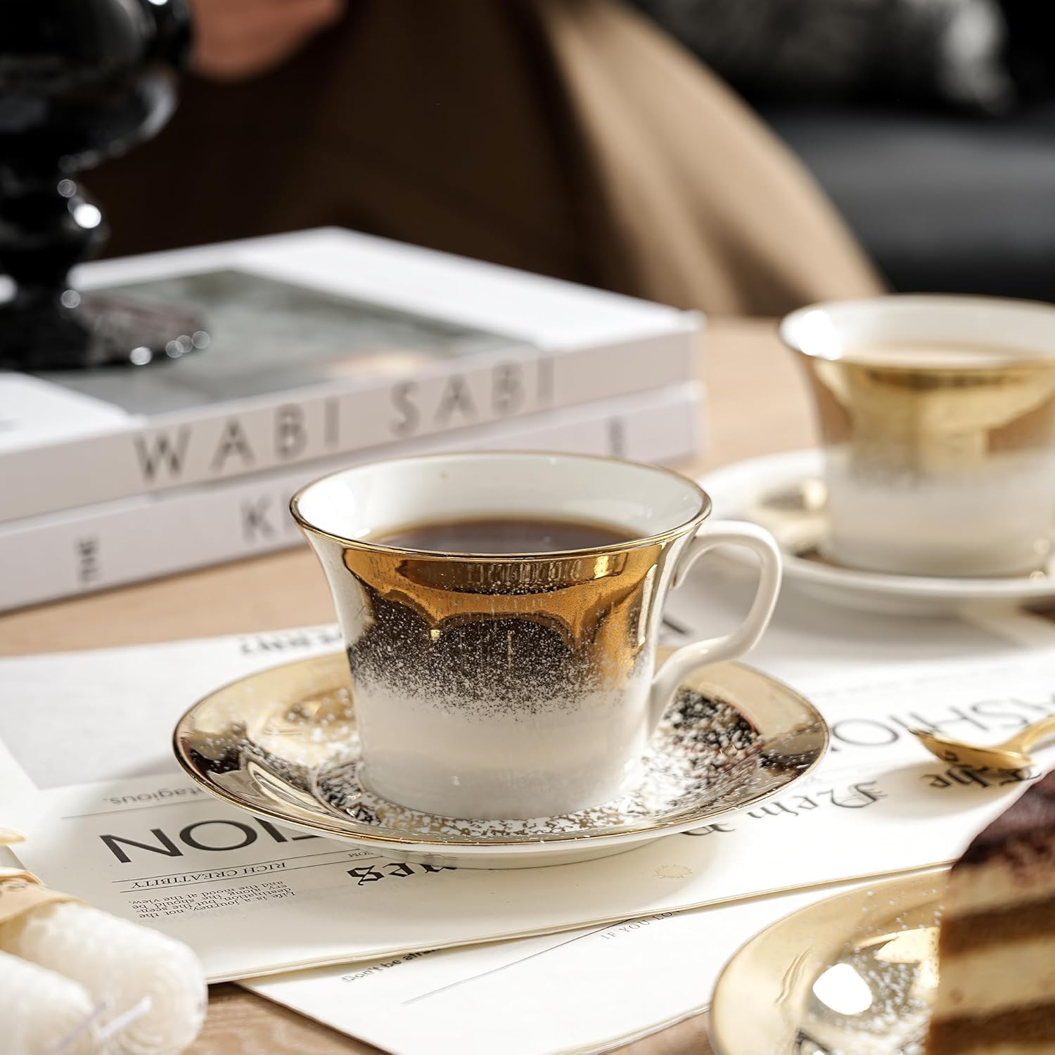 Tea Cups and Saucers Set of 2 with Gold Spoon, Ceramic Coffee Cups with Matching Plates, Handcrafted Gold & Silver Glaze, Luxury Cup & Saucer Gift Set with Box, 5oz