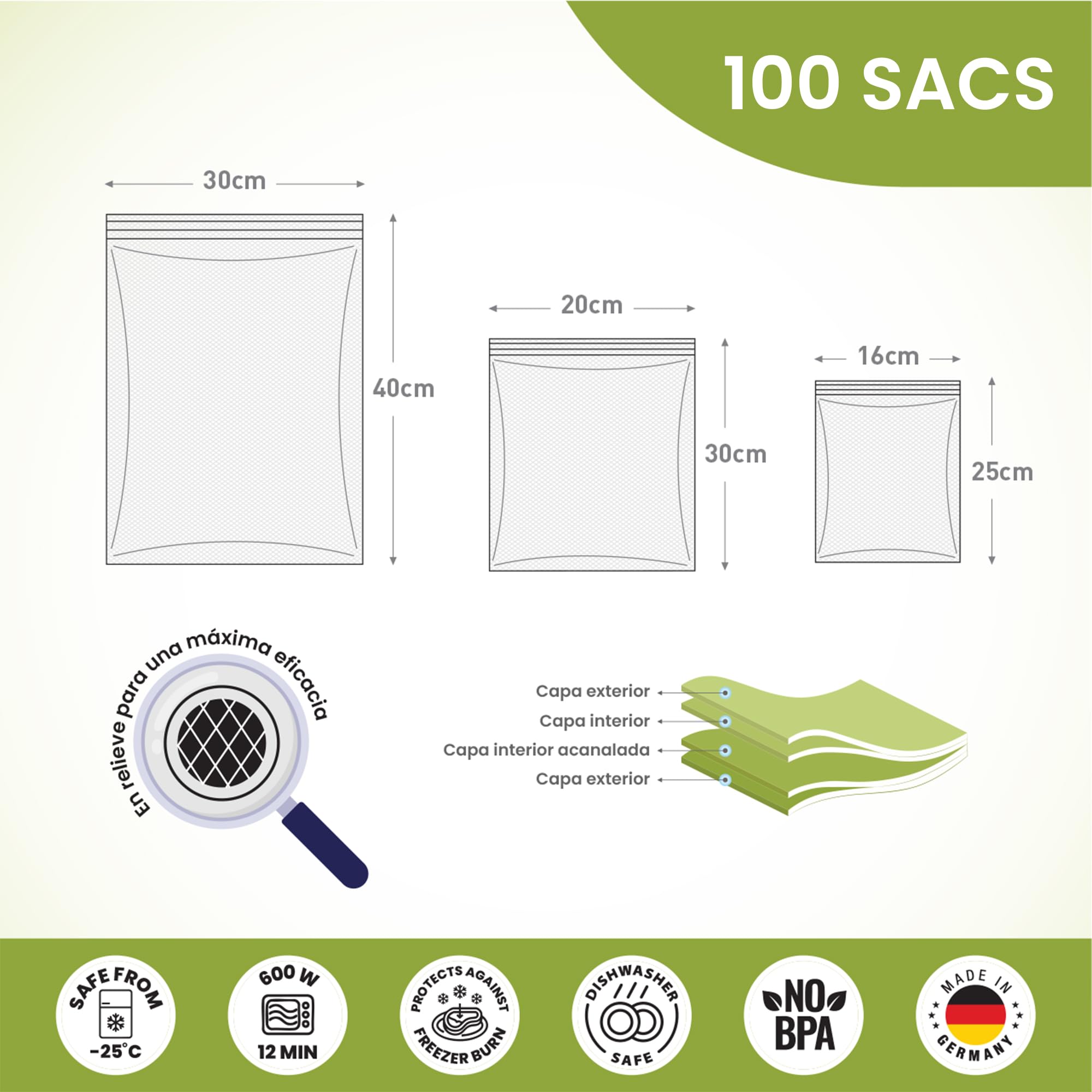 Sacs Sous Vide Alimentaires 16x25 Cm - Lot De 100 - Pour Conservation Et Cuisson - Sans BPA - Gaufrés - 8