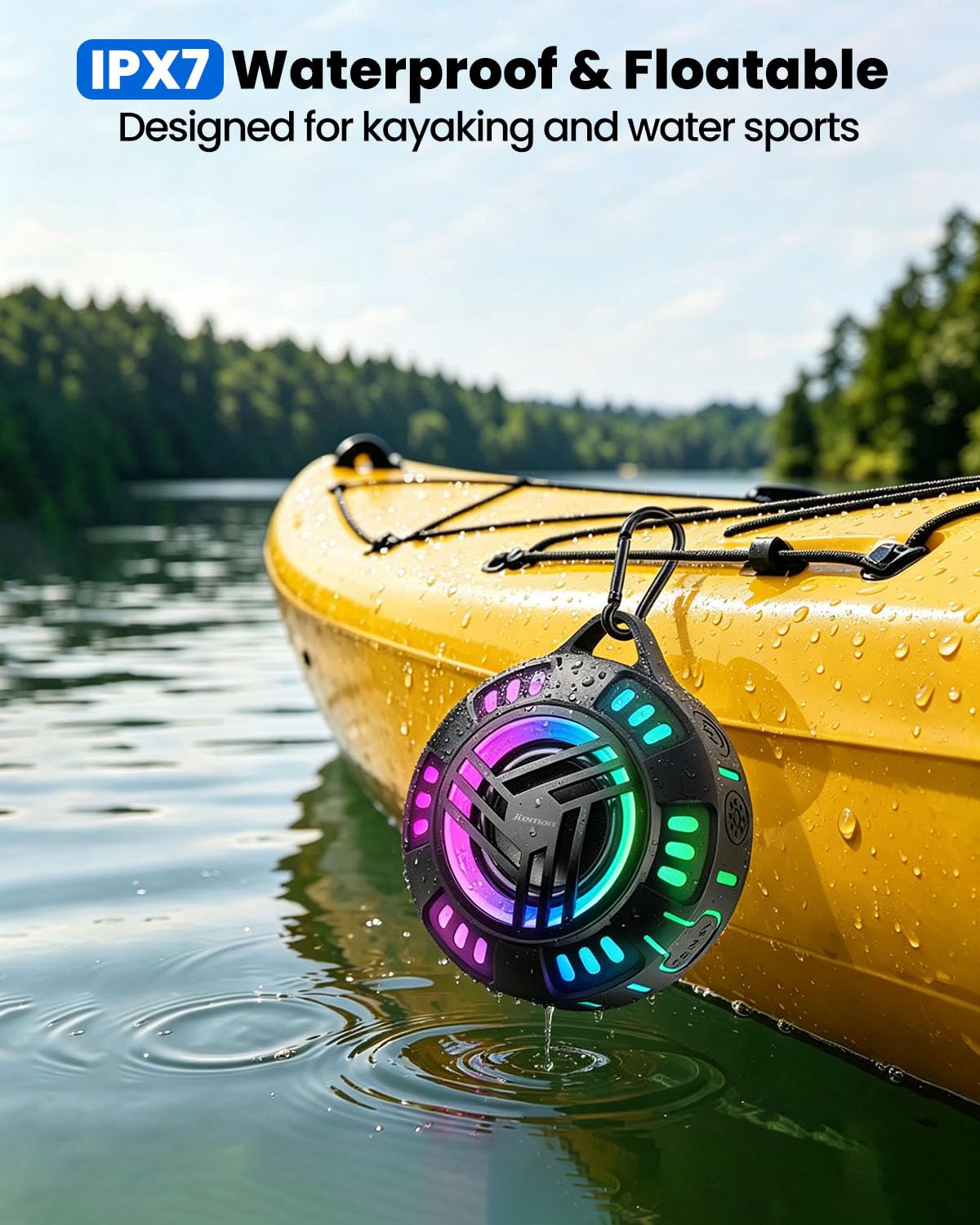 JTEMAN Altoparlante da doccia Bluetooth impermeabile portatile, IPX7, altoparlante esterno impermeabile con 7 modalità di luce LED, ventosa e moschettone, altoparlante wireless galleggiante per