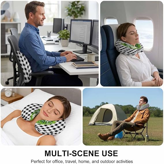 Welcome Bow Knot Wreath Neck Pillow Memory Foam U Shaped Travel Pillow, Summer Flowers Black Gray Plaid Neck Support Pillows Decorative Headrest Cushion for Airplane Sleeping Car Office