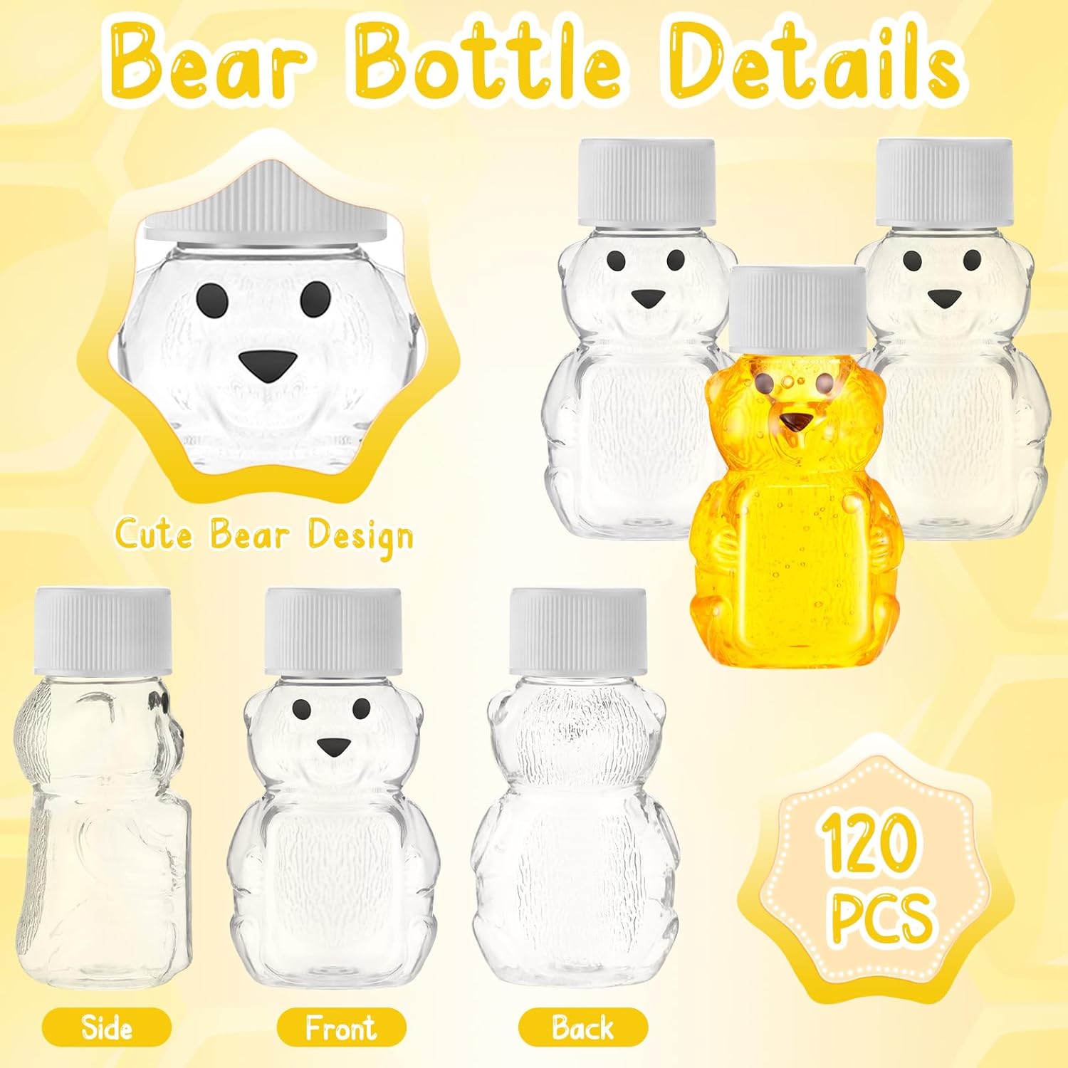 Patelai 96 Pcs 2 oz Plastic Honey Bear Bottle Bear Shape Clear Honey Containers Empty Honey Dispenser with Lid Honey Jars Honey Bear Cup for Storing and Dispensing Holiday Baby Shower Gifts (White)