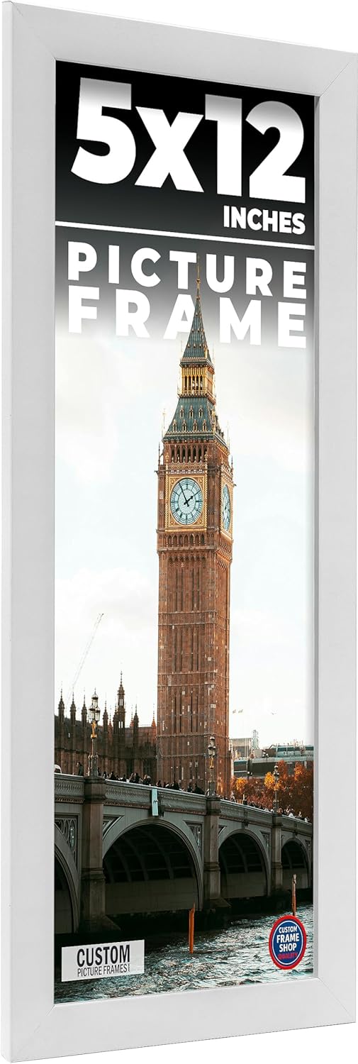 5x12 IN Frame White Real Wood Picture Frame Width 0.75 Inches | Interior Frame Depth 0.5 Inches | Bianca Mid Century Photo Frame Complete with UV Acrylic, Foam Board Backing & Hanging Hardware