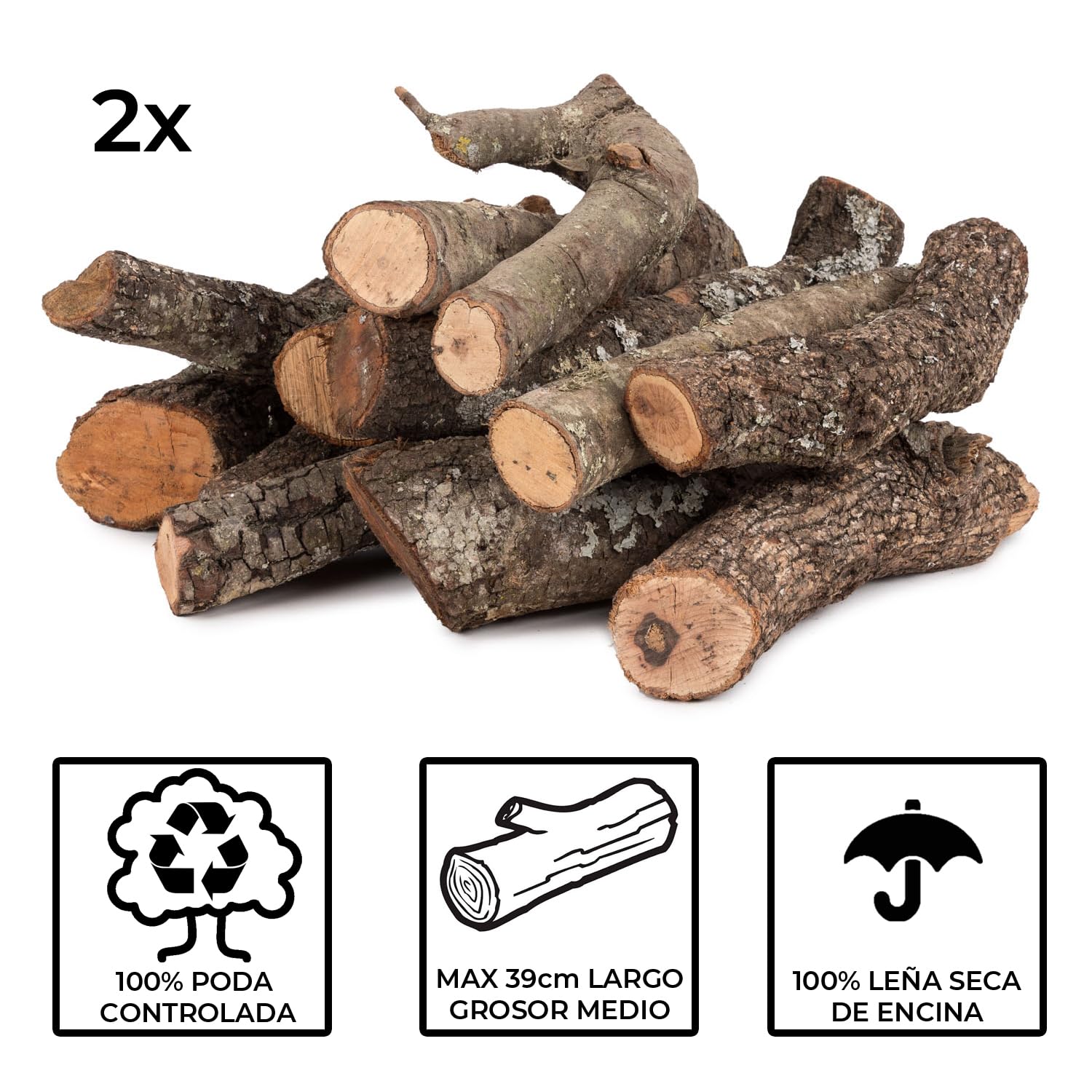 20kg de Encina. Troncos Medios ideales para Barbacoas y para fuegos en Chimeneas, Calderas y Estufas. Leña Seca y de Poda Controlada. Hecho en España. — view 2