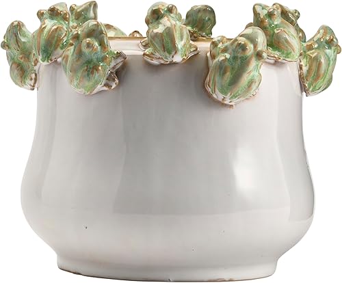 Miniatura 9 de Creative Co-Op Figura de rana de gres con borde, maceta multicolor, marfil