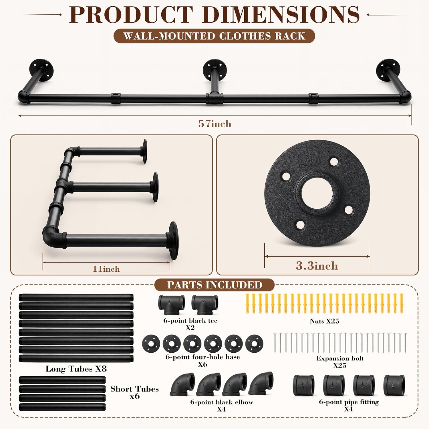 Zhengmy 2 Pack 57 Inch Industrial Pipe Clothes Rack Wall Mounted Garment Rack Rustic Black Heavy Duty Detachable Iron Clothing Hanging Rod for Closet Bedroom Laundry Room