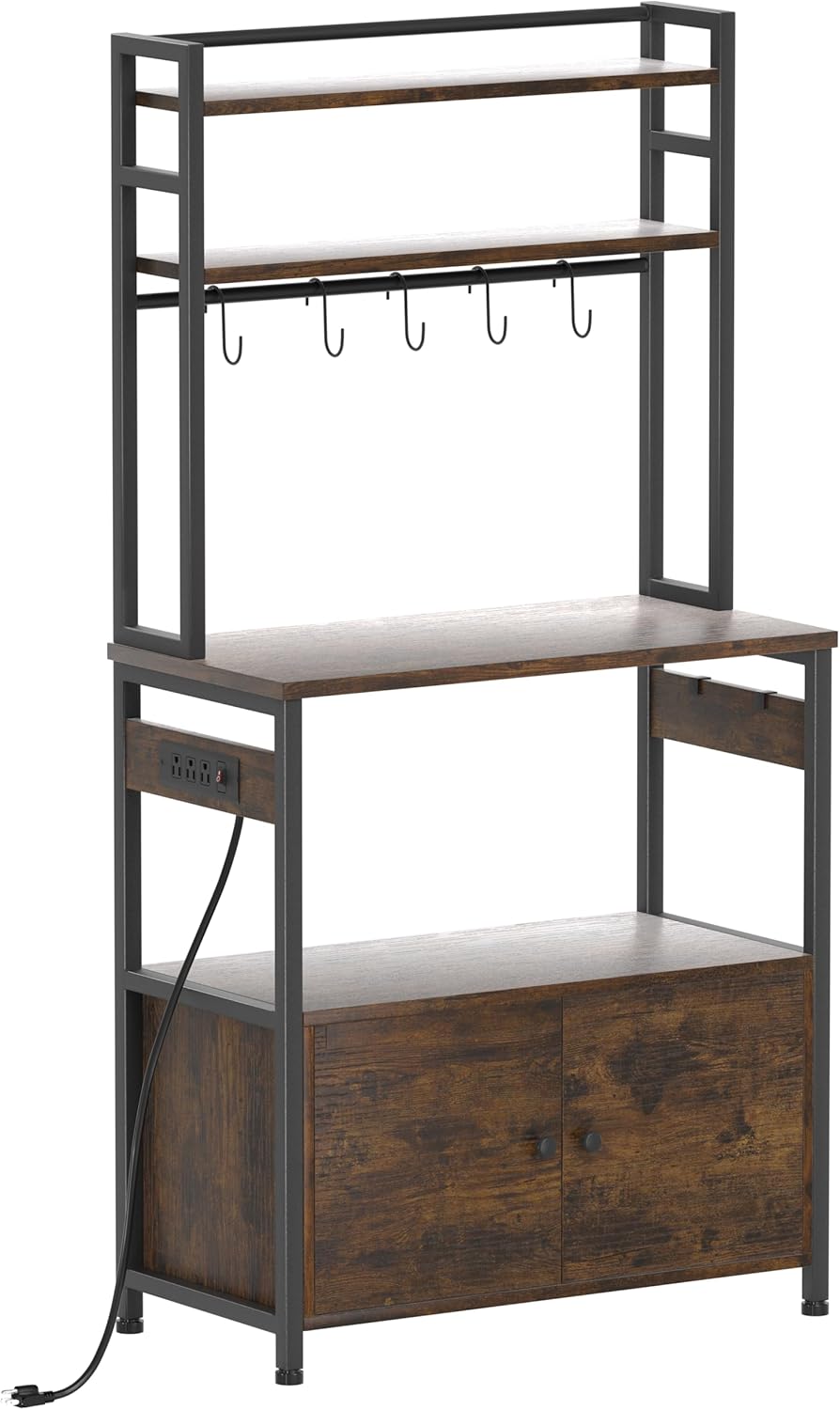 Bakers Rack with Storage & Power Outlet for Kitchen, 5-Tier Microwave Oven Stand with 7 Hooks, 29.5” Width Bakers Rack with Open Storage Shelves, Rustic Brown