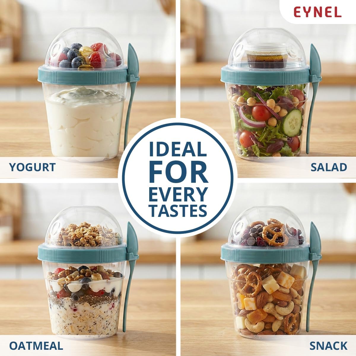 4 Pack 17 oz Small Breakfast On The Go Yogurt Parfait Cups, Reusable Plastic Containers with Lids and Spoons, Perfect Jars for Overnight Oats Cereal Granola Oatmeal (5 Colors)