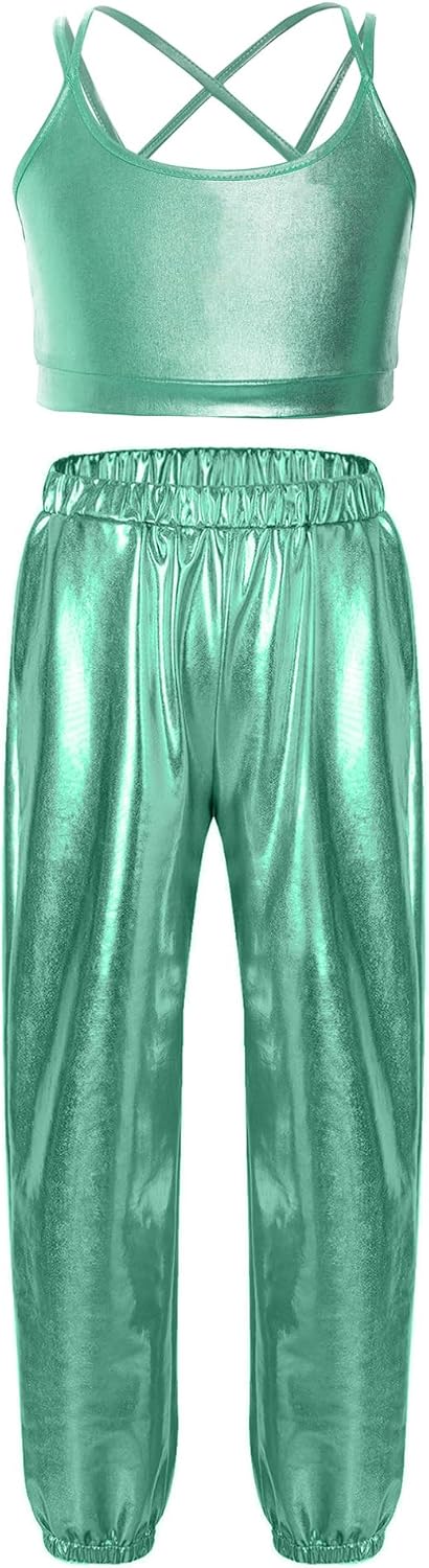 YiZYiF Kids Girls Dance Gymnastics Skating Outfit Sleeveless Shiny Metallic Camisole Vest with Pants Set