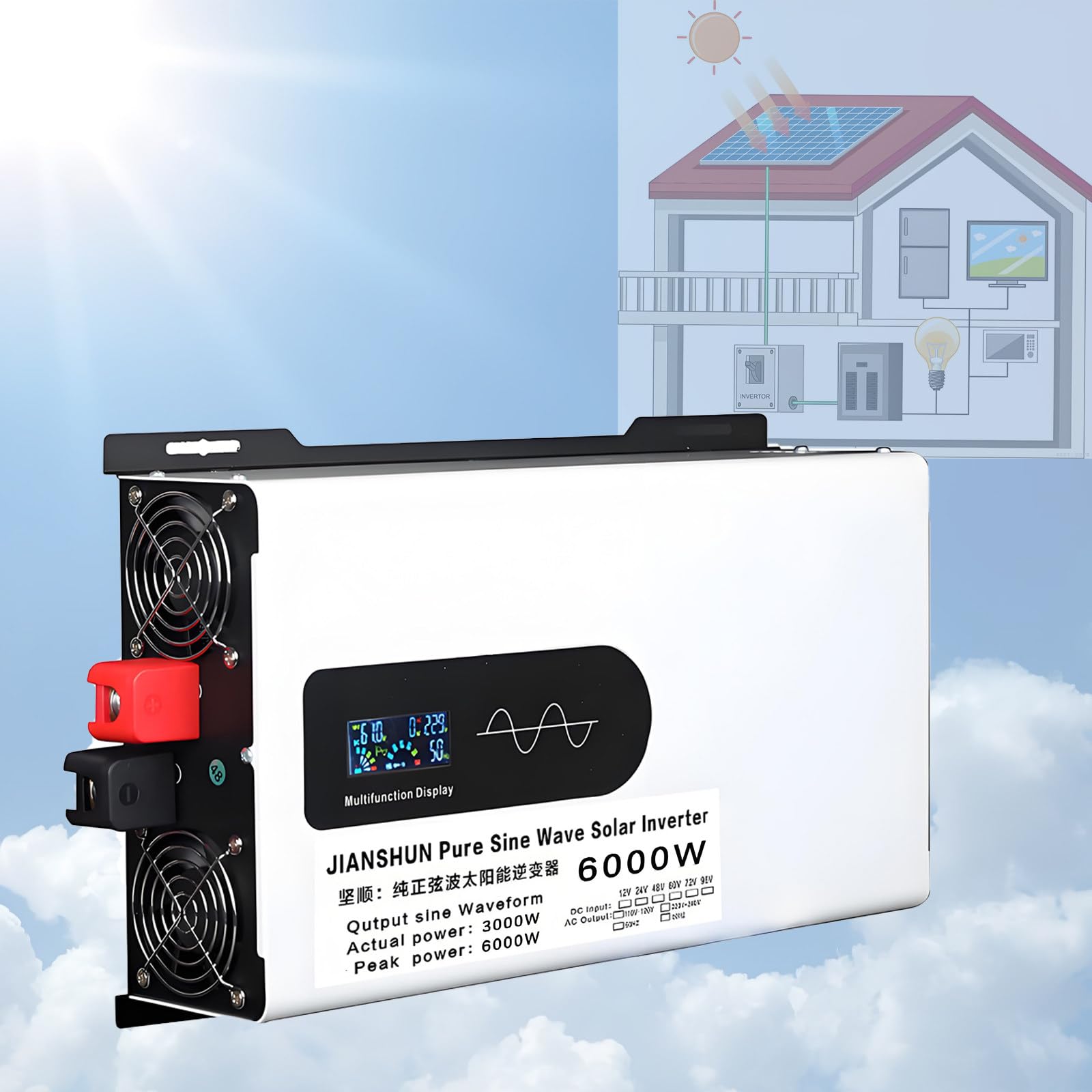 Inverter Ibrido Solare da 6000W, Inverter di Potenza a Onda Sinusoidale, con 2 Prese Ca, Display LCD, per Batterie al Piombo/Litio per Uso Fuori dalla Rete Elettrica/Casa/Capannone,96V-110V